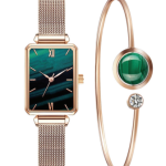 Green Luxe: Rose Gold Strap Ladies Watch and Bracelet Duo Set